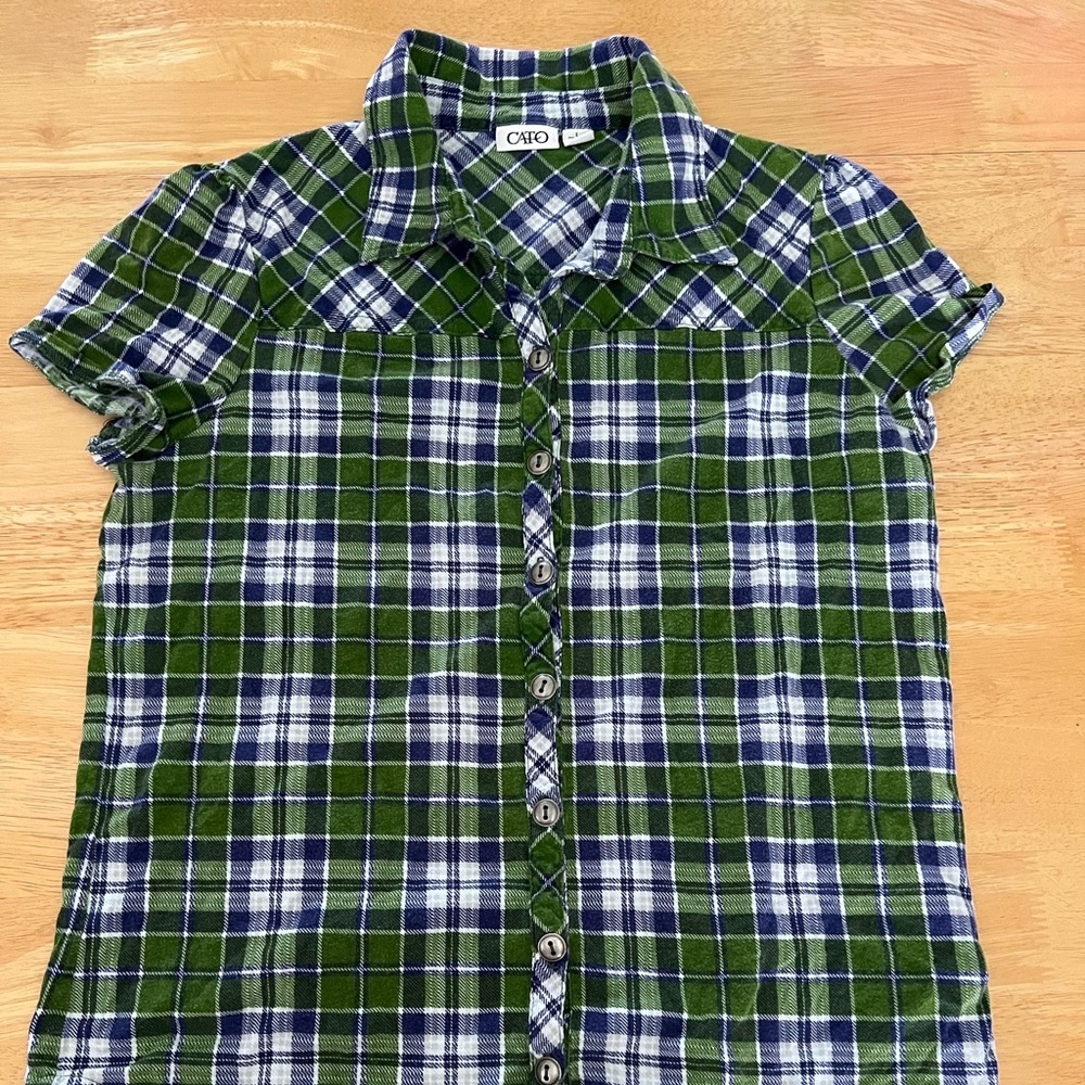 cato - blue, white, gray, and green plaid button-up collared shirt.